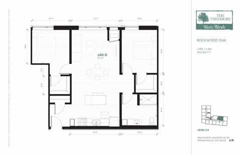 Floor plan for 2 beds, 1 bath, 874 sqft